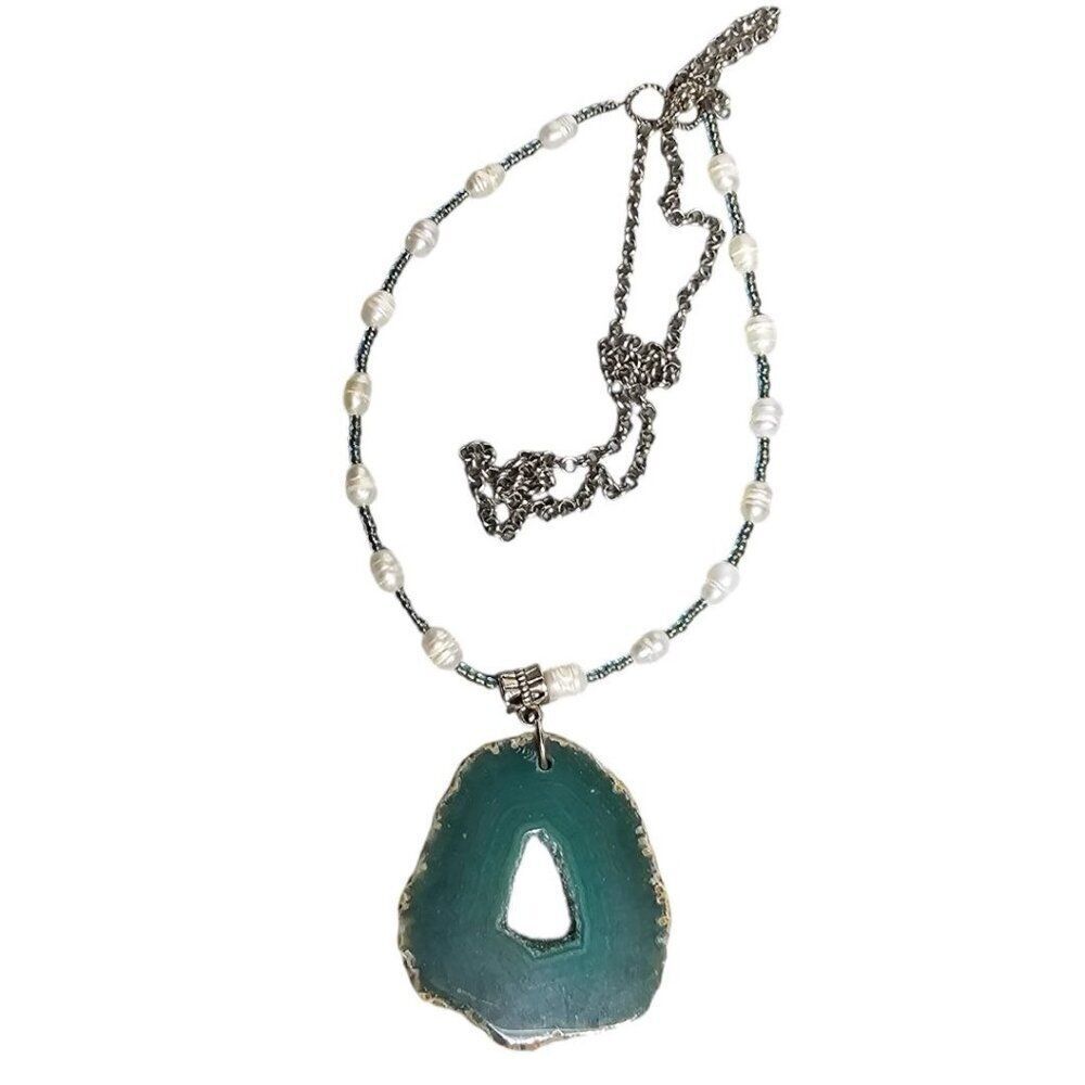 Green Agate Slice Necklace with Beaded Chain